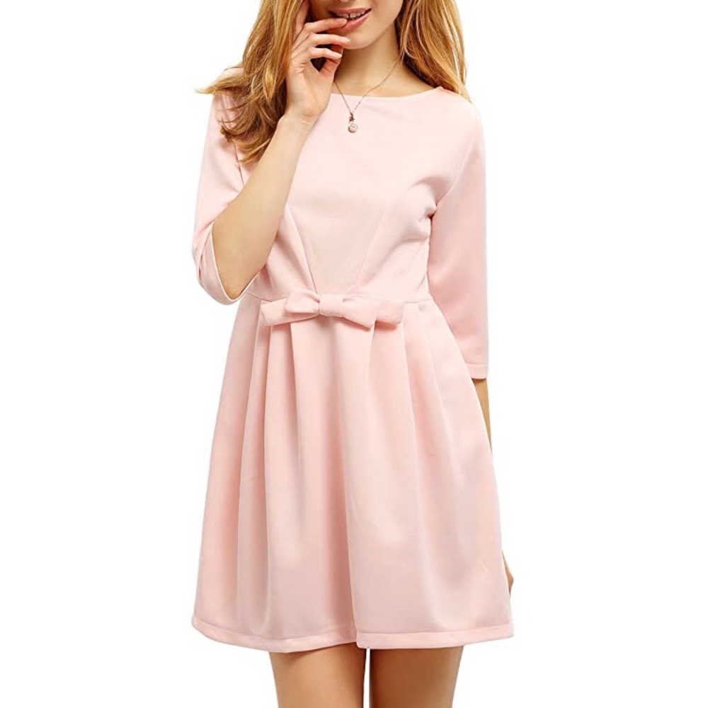 pink pleated A-line stretch dress with bow